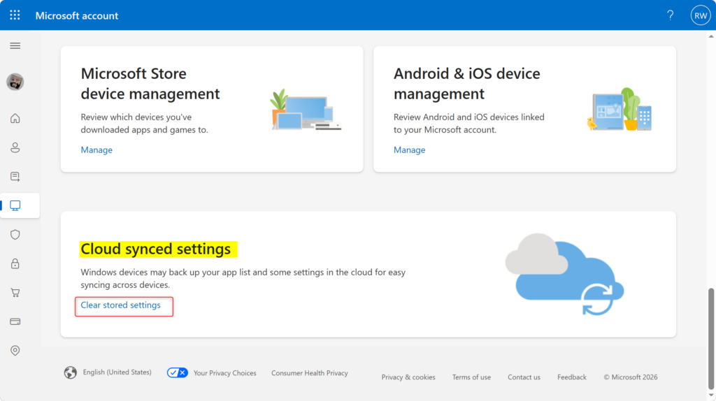 Link to clear stored settings in Microsoft account cloud sync section.