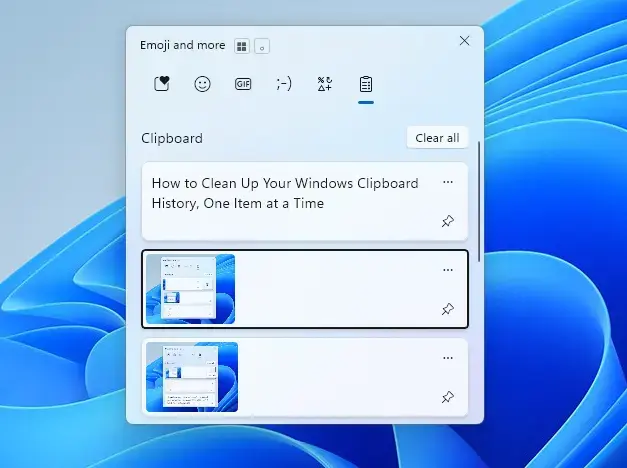 Windows clipboard history viewer showing copied items.