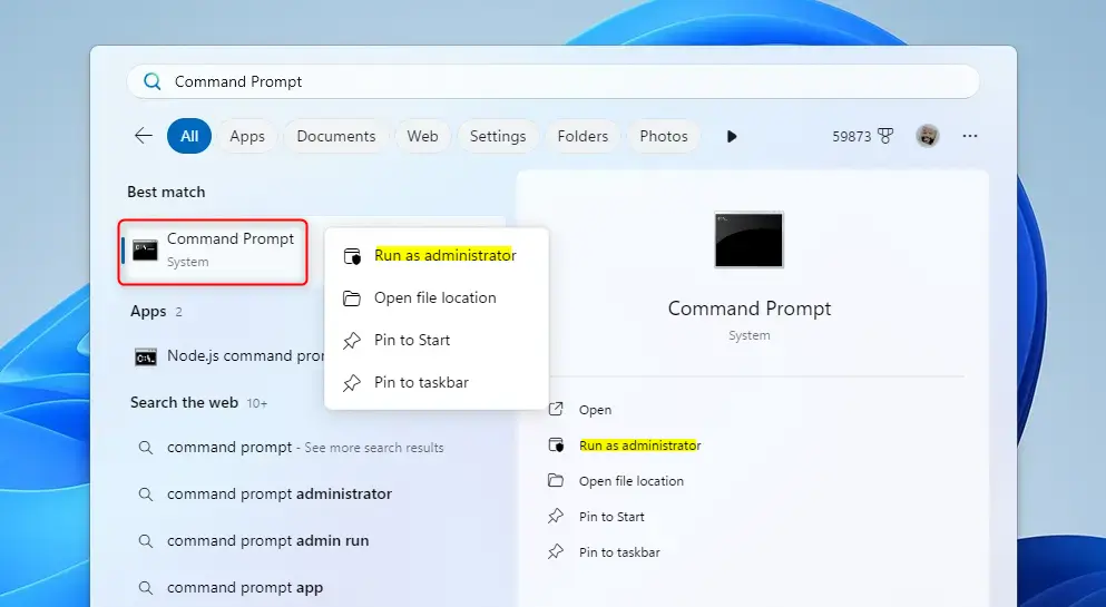 Command Prompt window open with administrator privileges in Windows 11.