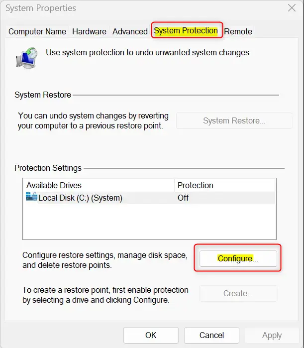 Configure System Protection settings to turn it on in Windows 11.