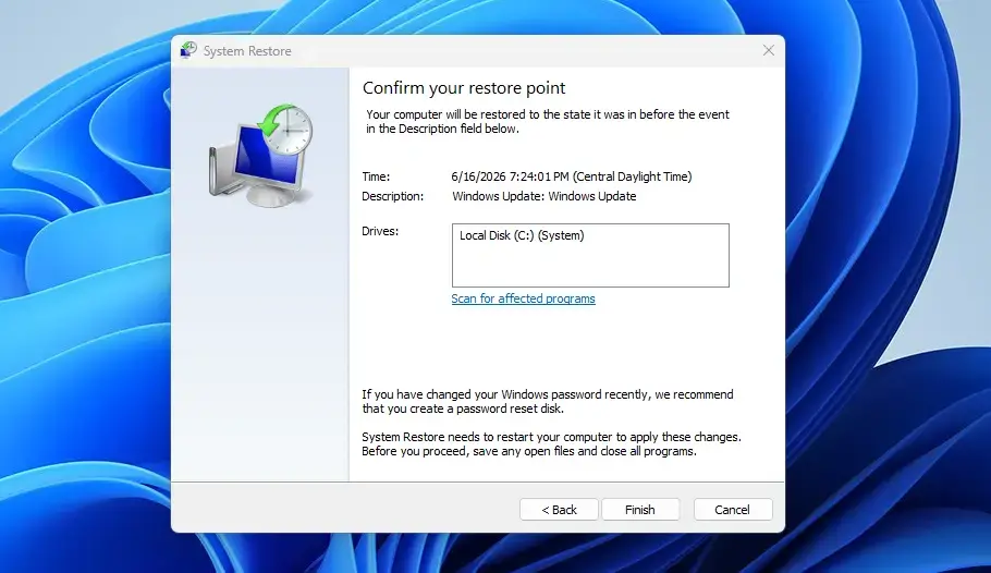 Confirm your chosen restore point before applying it in Windows 11.