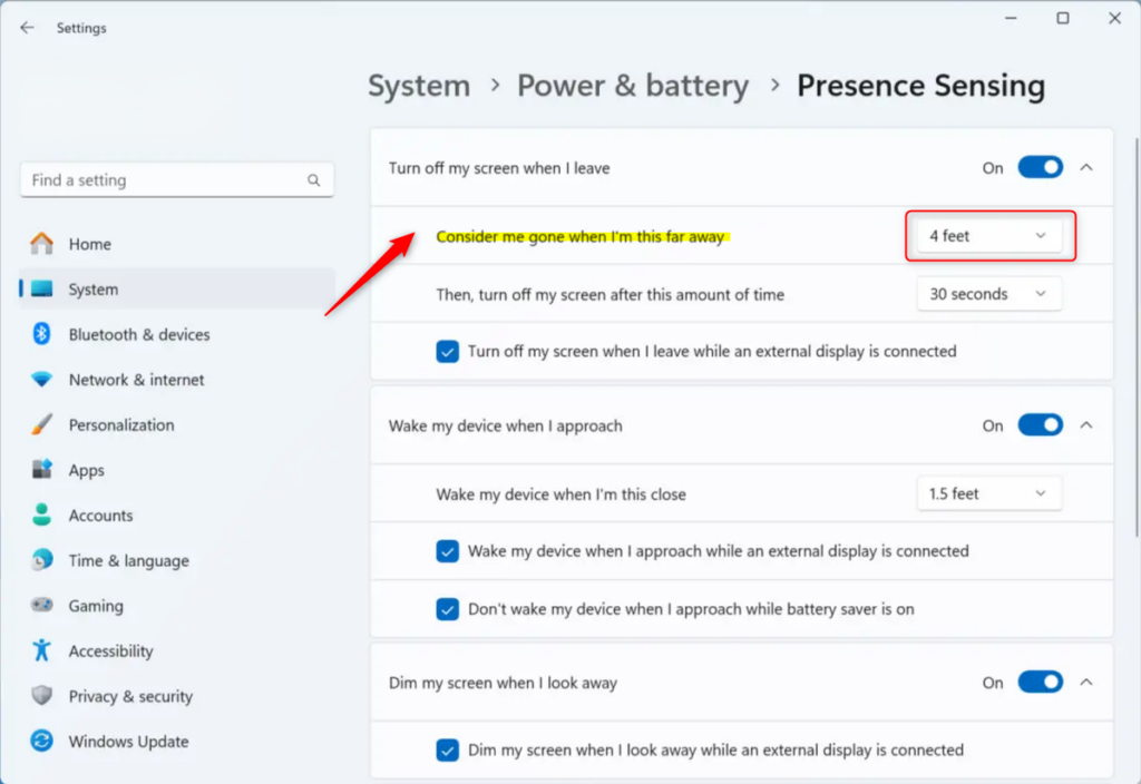 Setting Windows 11 Presence Sensing to detect user absence.