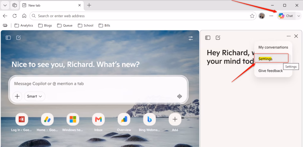 Microsoft Edge Copilot settings menu with privacy options visible.