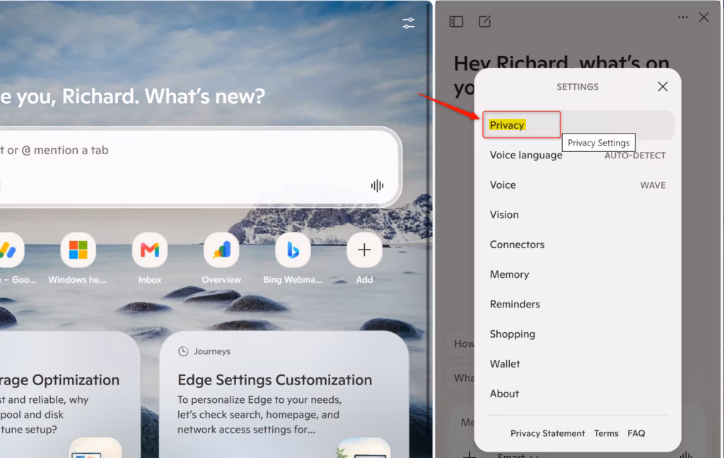 Copilot privacy settings in Microsoft Edge browser sidebar.