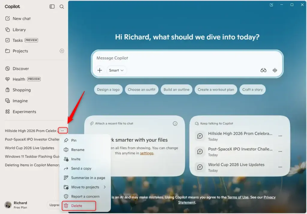 Copilot conversation history list in the Windows or macOS app.