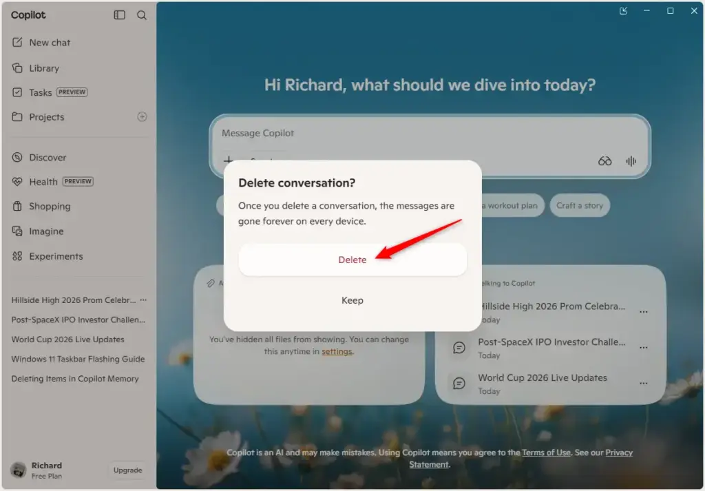 Confirm deletion of a Copilot conversation in the app.