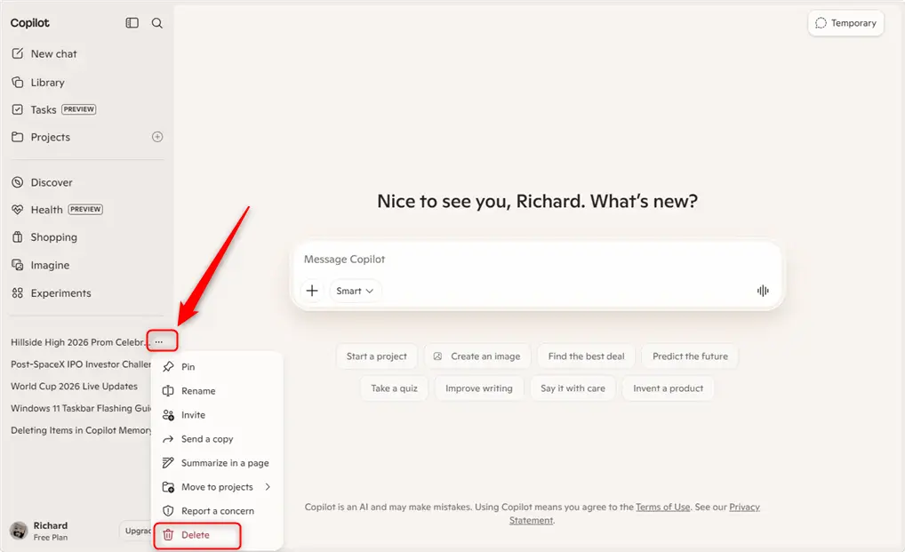 Delete a Copilot conversation on copilot.com using the ellipsis menu.