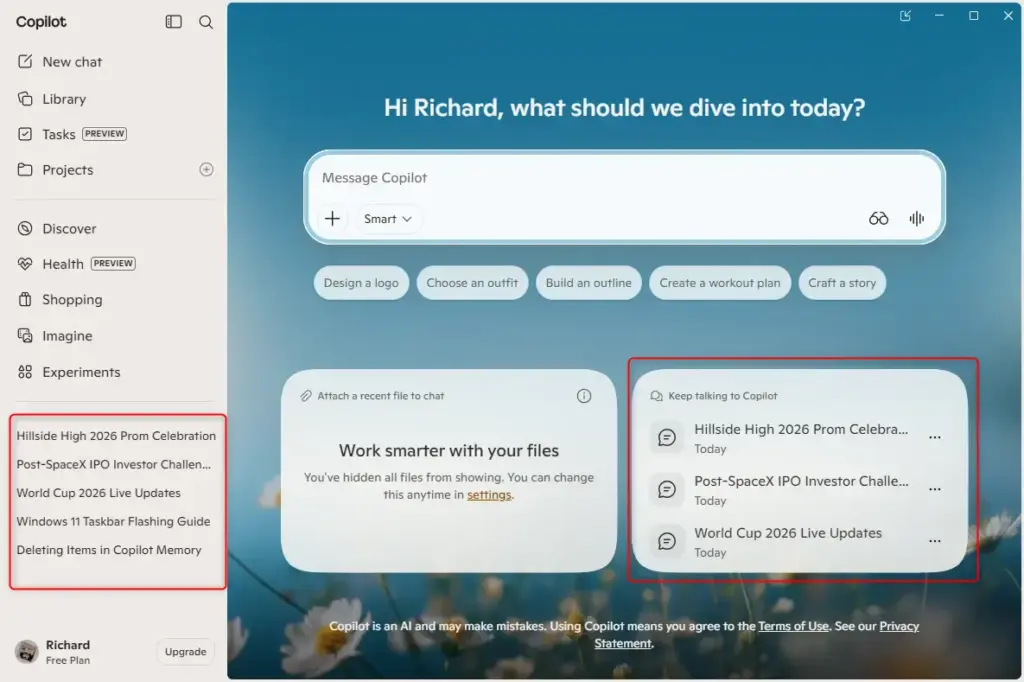 Copilot app conversation history displayed on the left sidebar.