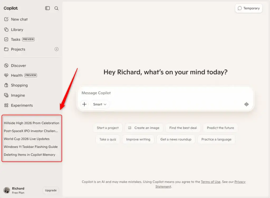 Copilot conversation history displayed on the copilot.com website.