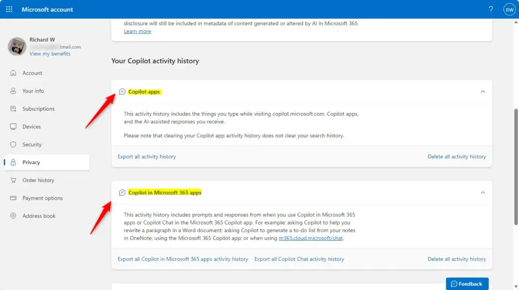Microsoft privacy dashboard showing Copilot activity history options.