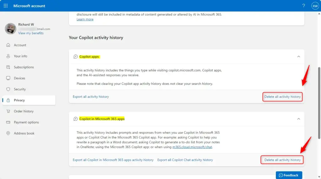 Microsoft privacy dashboard with delete button for Copilot conversation history.