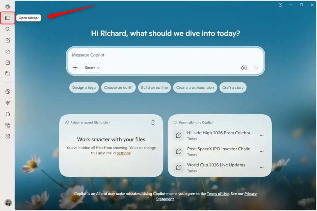 Copilot app sidebar open showing conversation history list.