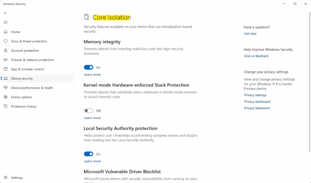 Core isolation settings page in Windows Security for enhanced protection.