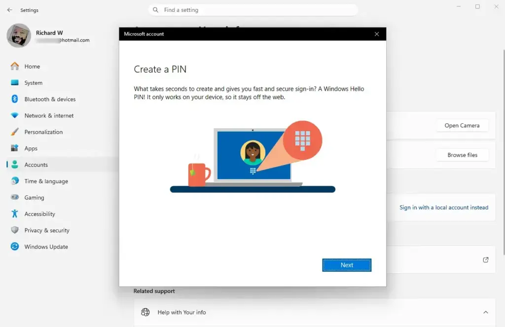 Windows 11 create a PIN for Microsoft account sign-in.