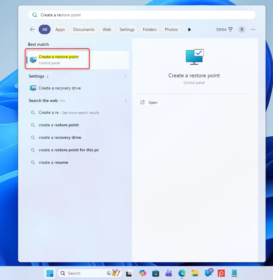 Search bar to create a restore point for Windows 11 System Protection.