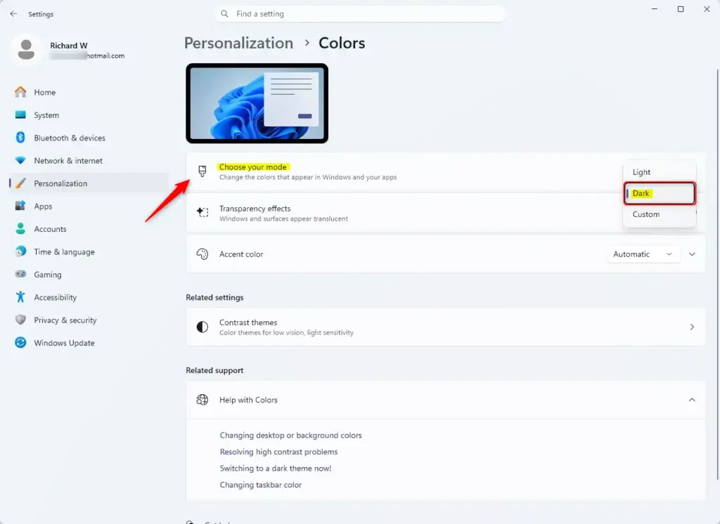 Windows 11 Dark mode example with dark interface.