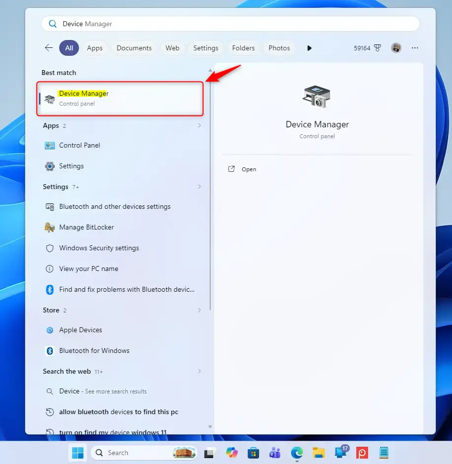 Open Device Manager in Windows 11 via Start menu search.