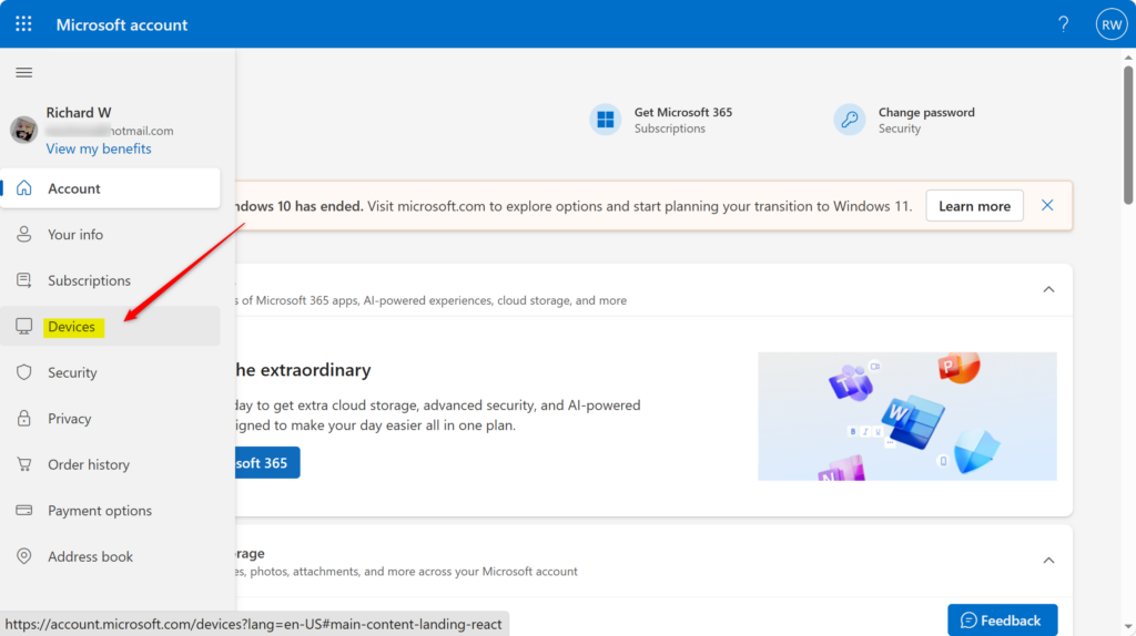 Microsoft account devices page showing synced settings for Windows backup.