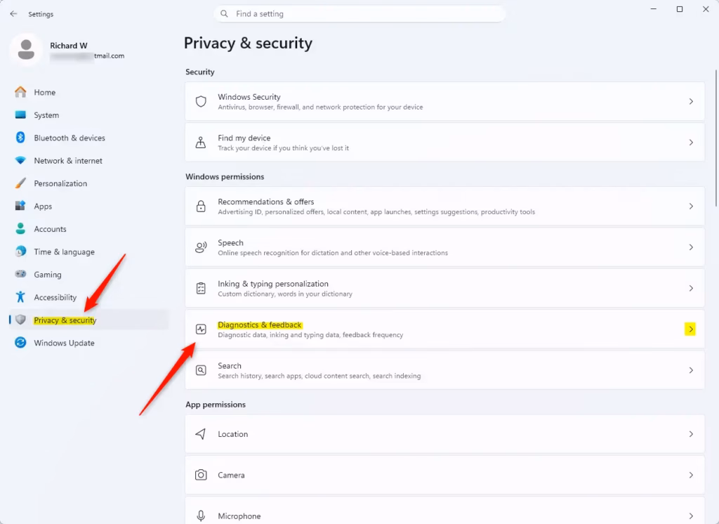 Windows 11 privacy settings for diagnostics and feedback.