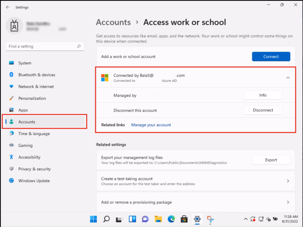 Disconnecting from a work or school account in Windows 11 settings.