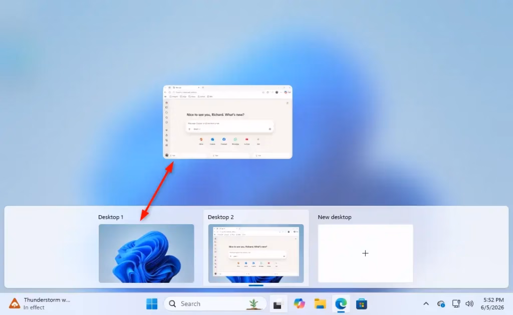 Drag open app to another virtual desktop in Windows 11 Task View.
