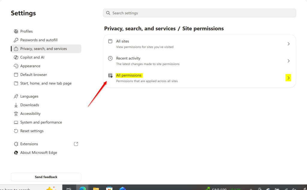 Microsoft Edge settings menu showing all permissions tile.