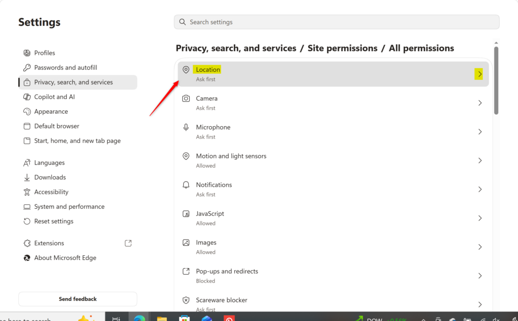 Microsoft Edge settings showing location permissions tile.