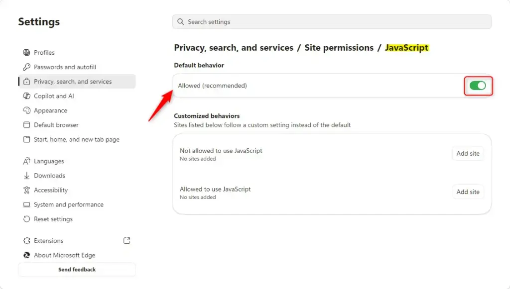 Microsoft Edge settings page with JavaScript toggle enabled.