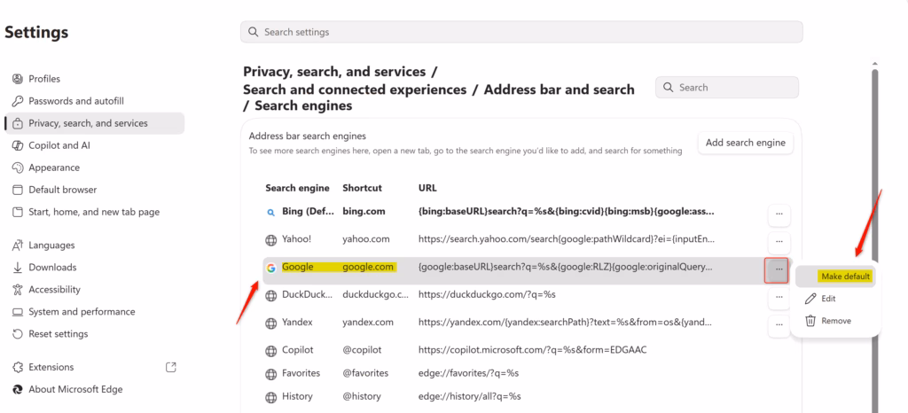 Microsoft Edge settings showing search engine options for default selection.
