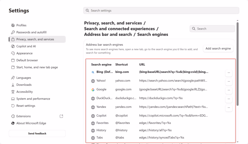 List of available search engines in Microsoft Edge settings.