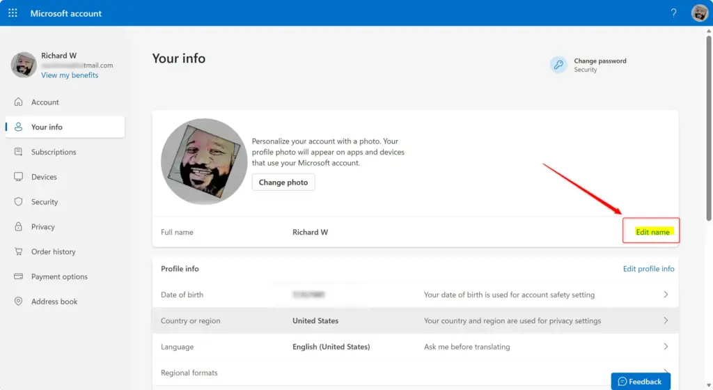 Edit name link on the Microsoft account portal profile page.