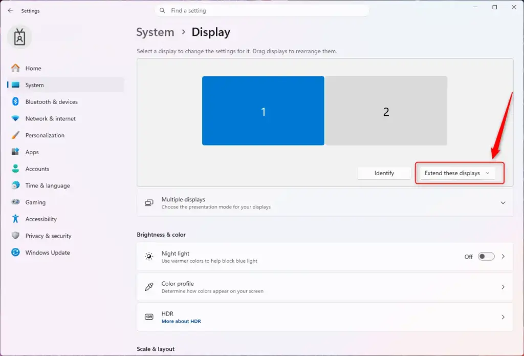 Windows 11 extend display mode option selected.