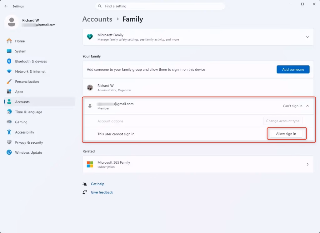 Windows 11 prompt to allow child account sign-in to family.