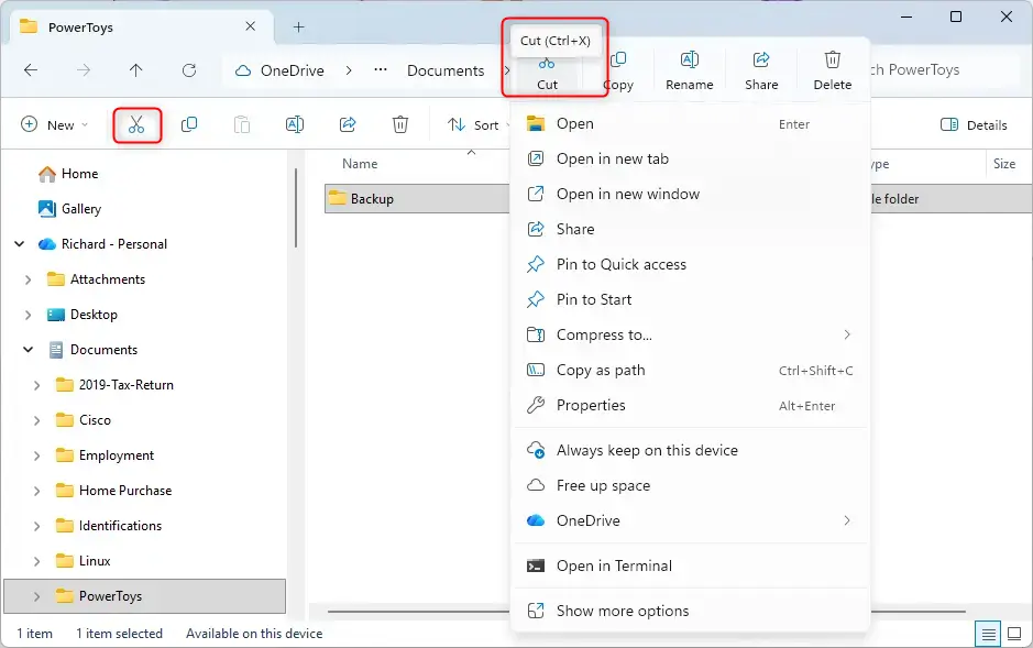 Cut option highlighted in File Explorer context menu for OneDrive files.