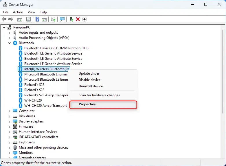 Access Bluetooth adapter properties in Device Manager.