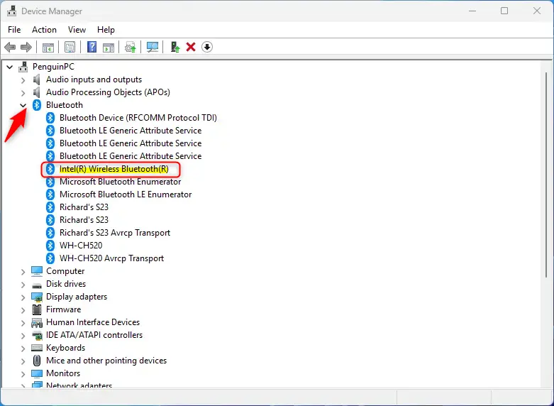 Locate and select the Bluetooth adapter in Device Manager.