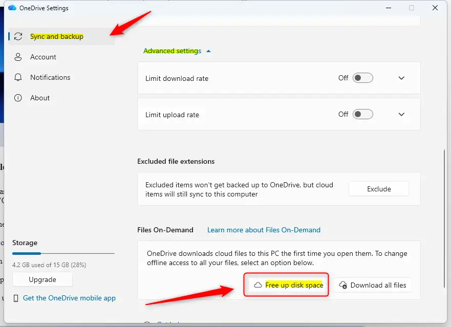 Free up disk space by setting OneDrive files to online-only.
