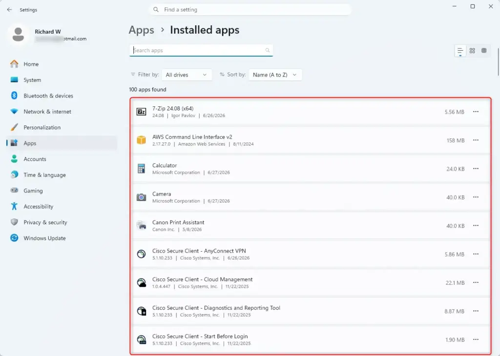 Windows 11 'Installed apps' list in Settings showing program names.