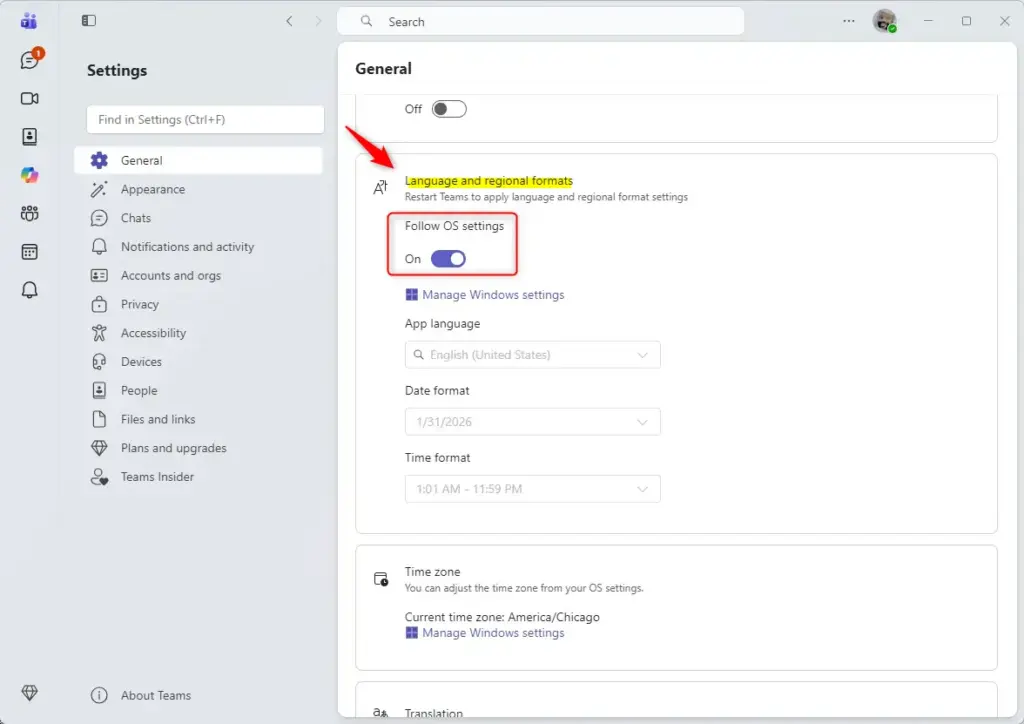 Teams settings showing follow OS settings option for language.