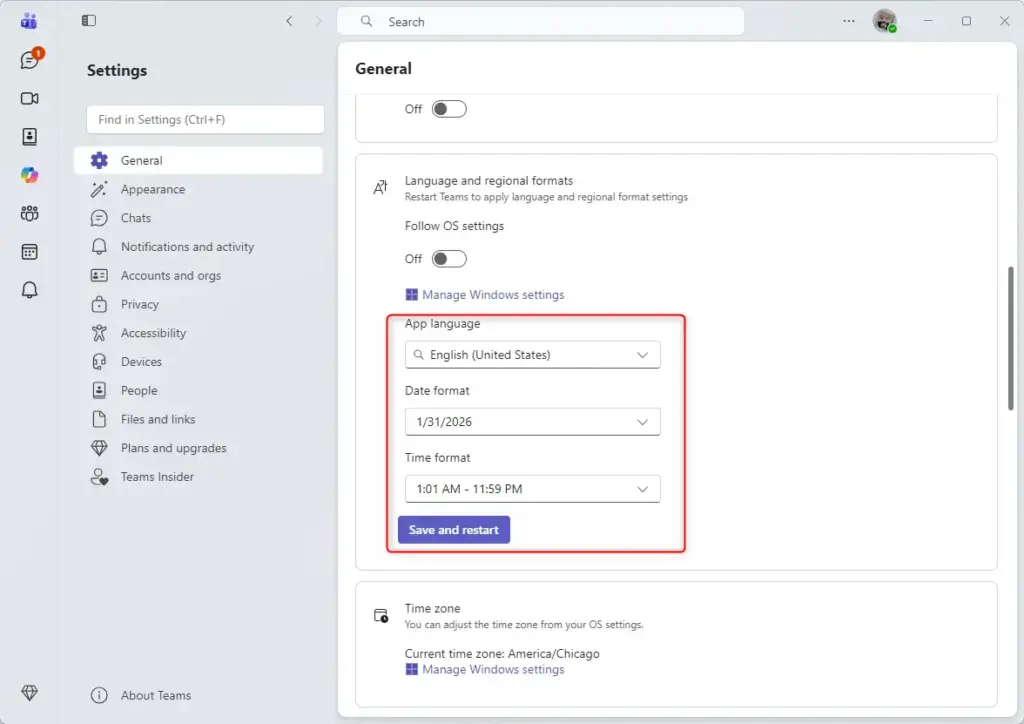 Teams settings showing manual language and region selection options.