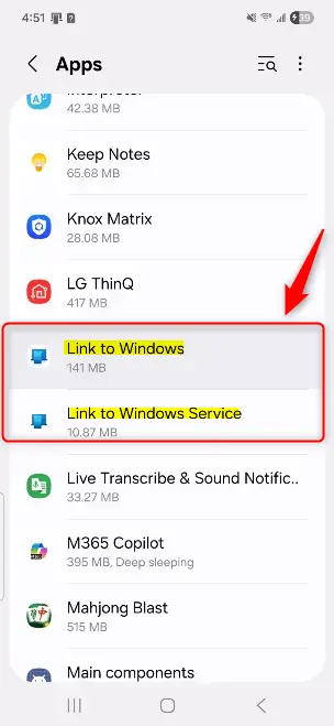 Link to Windows app icon on an Android phone settings screen.