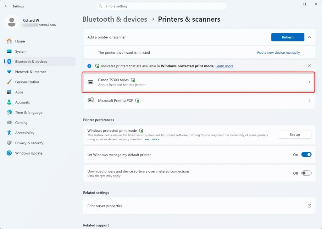 Windows 11 Settings app showing list of installed printers.