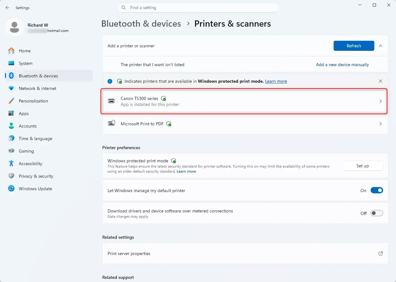 Windows 11 Settings app showing list of installed printers.