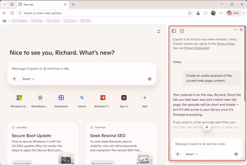 Copilot sidebar in Microsoft Edge showing podcast creation progress.