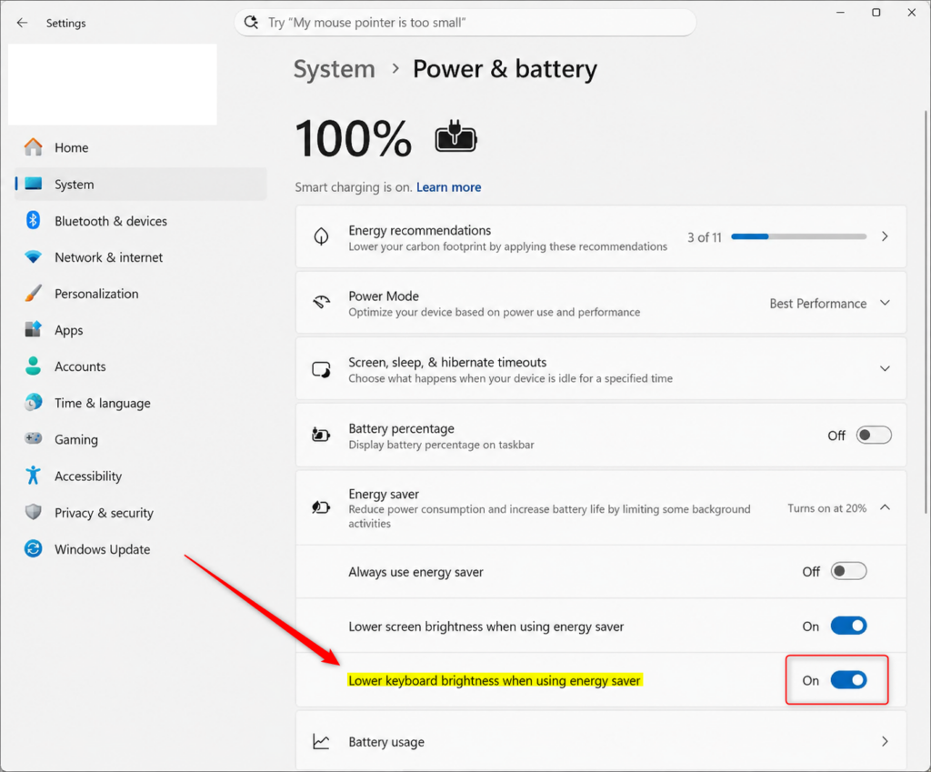 Windows 11 Energy saver setting to lower keyboard brightness.