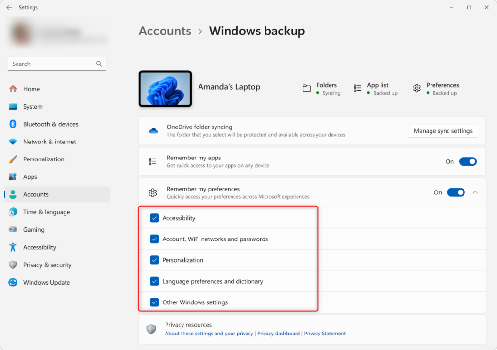 Windows 11 backup settings screen for managing backup configurations.
