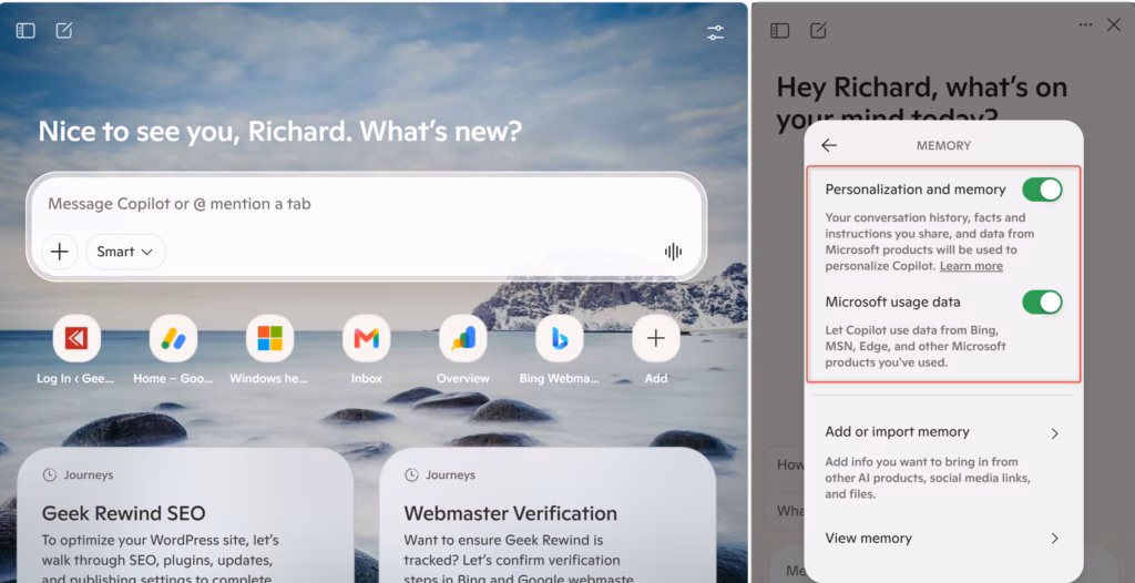 Toggling Copilot personalization and memory settings in Edge browser.