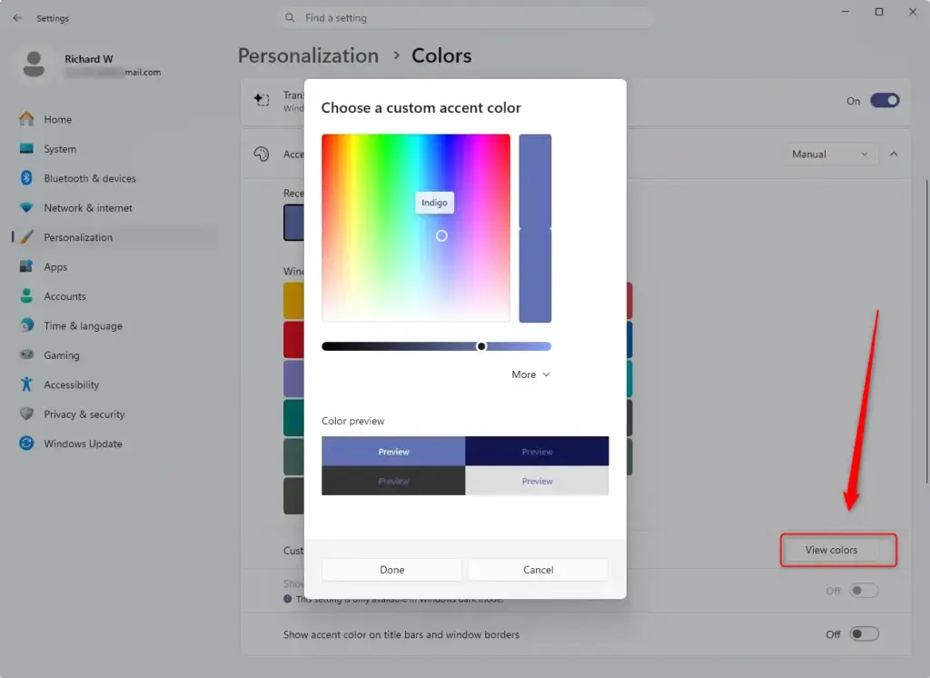 Custom accent color picker in Windows 11 Personalization settings.