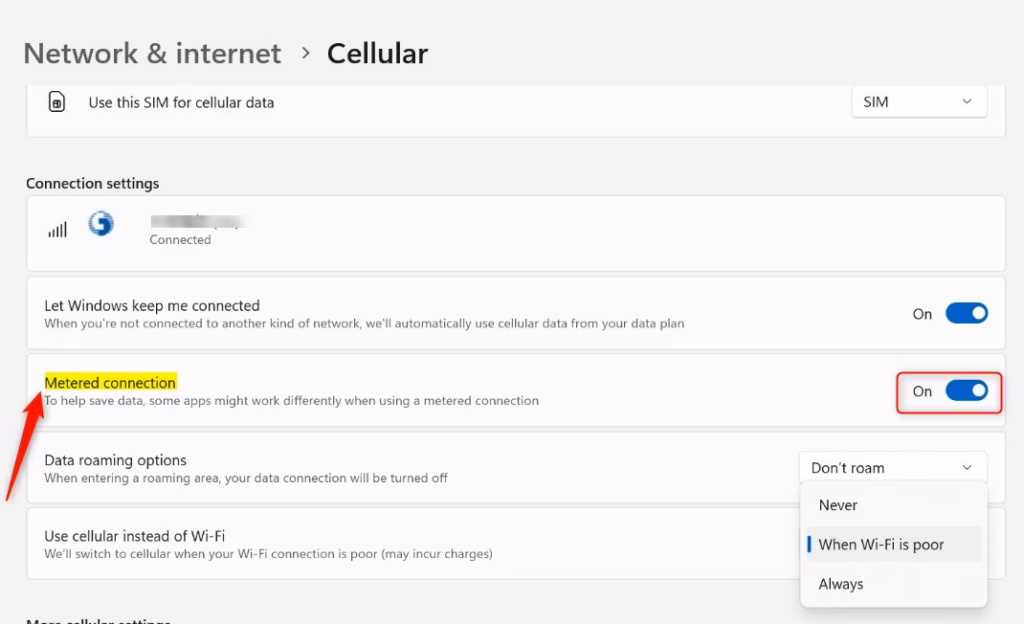 Enable or disable metered connection for cellular data in Windows 11.