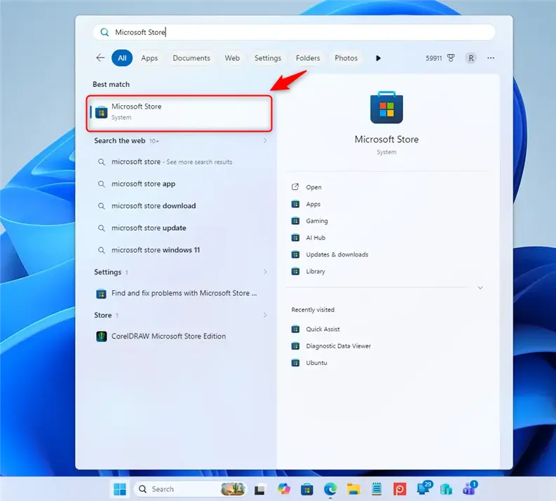 Microsoft Store search results after typing 'Microsoft Store' in Windows 11 Start menu.